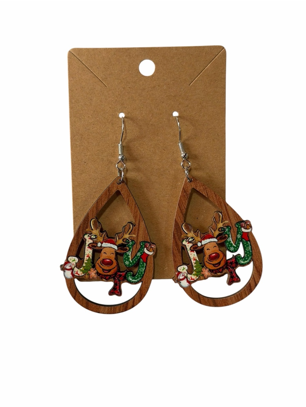 Festive Reindeer Wood Teardrop Earrings - Brown